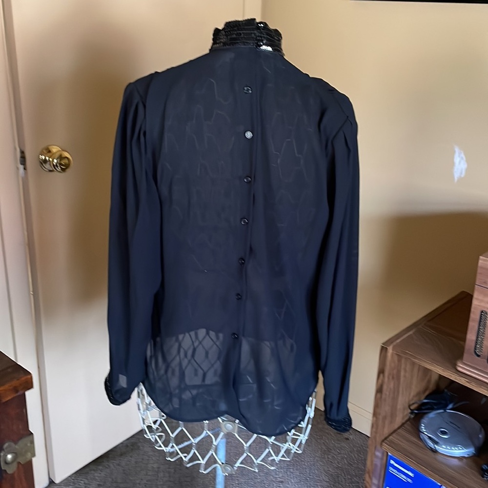 Vintage Holiday Black Blouse with Sequin Collar and Cuffs - Picture 3 of 8